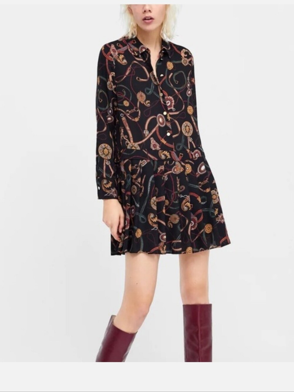 Zara Black Chain-Print Long Sleeve Dress